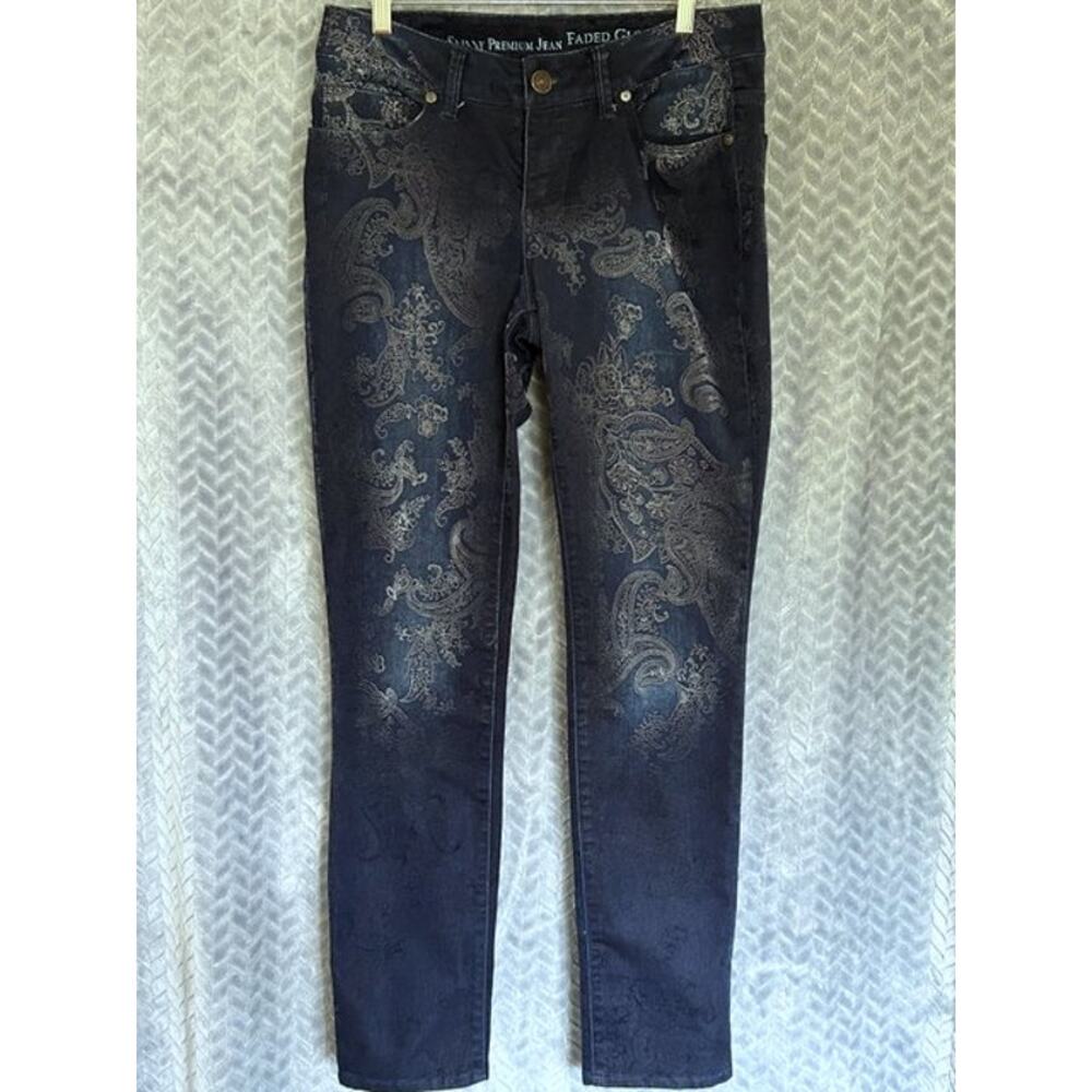 Faded Glory Premium Indigo Skinny Raised Ombre Paisley Design Sz 10 Retro Y2K